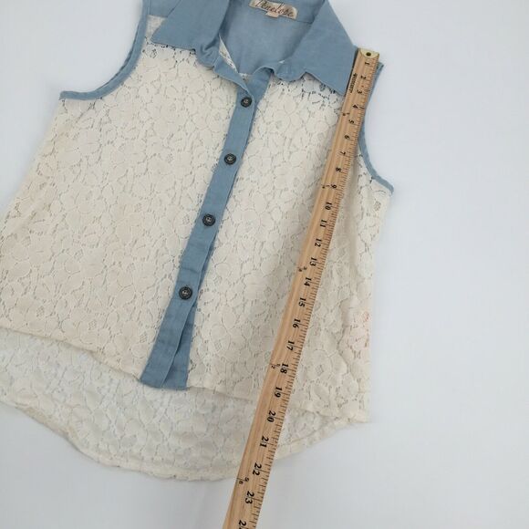 Penelope Lace Front Sleeveless Chambray Button Front Blouse Small Blue White Top - Picture 4 of 6